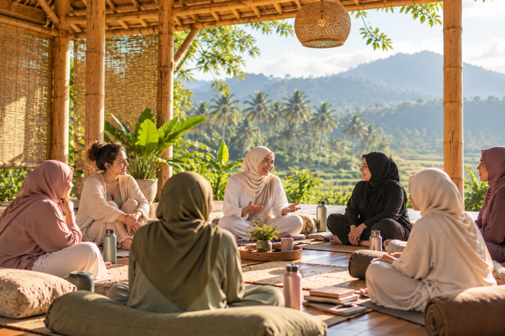 Muslimah Wellness Retreat participants enjoying a group discussion in an open-air bamboo shala surrounded by tropical greenery.