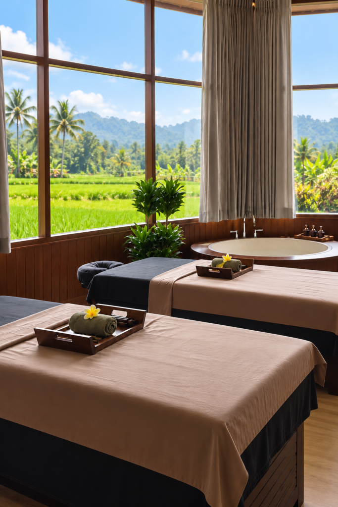 Siddhi Wellness spa treatment room at Kropak Sidemen, Bali, featuring two massage beds, a soaking tub, and views of lush rice fields.