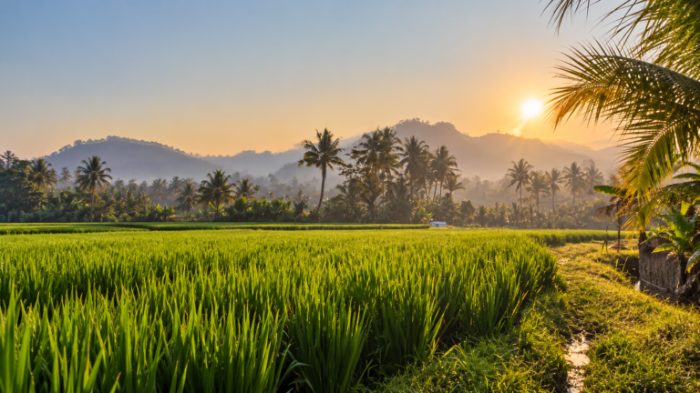 Sunrise over green rice fields and palm trees in Sidemen, Bali